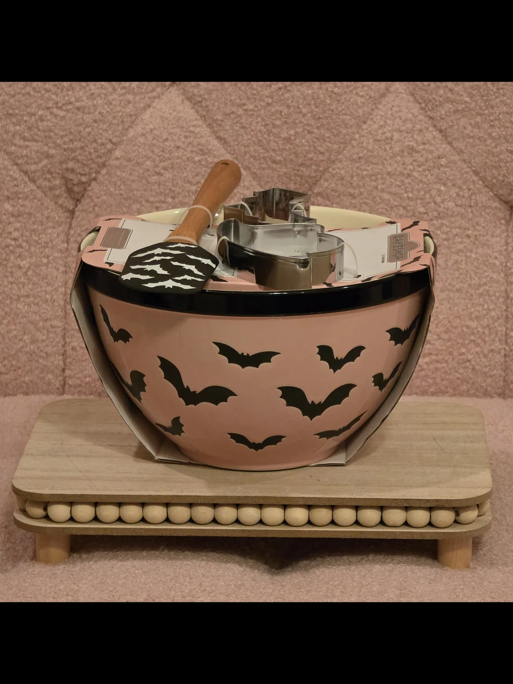 The Bakeshop Pink Bat-Print Mixing Bowl with Utensils